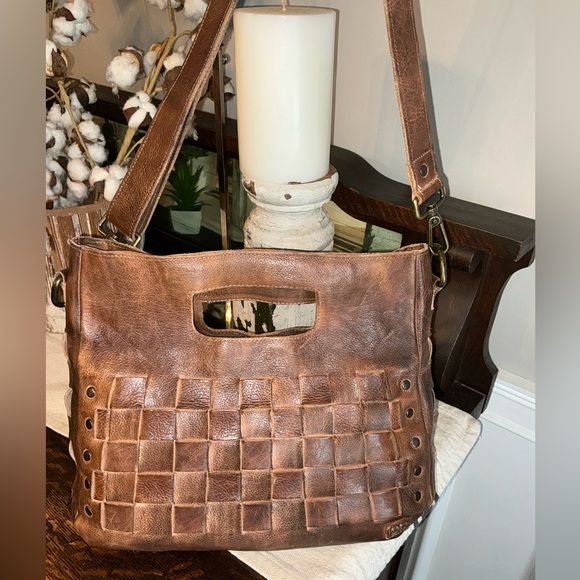 Bed Stu Orchid Woven Leather Handbag Crossbody Bag Teak Brown Retail $280 - Picture 3 of 12